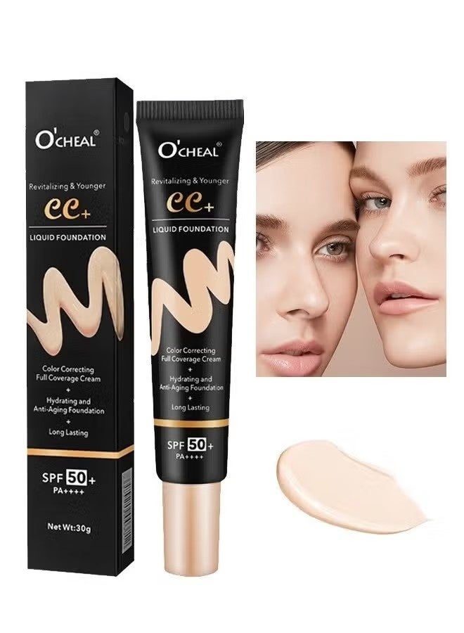 OCHEAL CC + Liquid Foundation - SPF50+ Sunscreen, Colour Correcting Face Sunscreen And Foundation, Pre-Makeup Primer Moisturizing Skin Concealer (#01) - Image 1